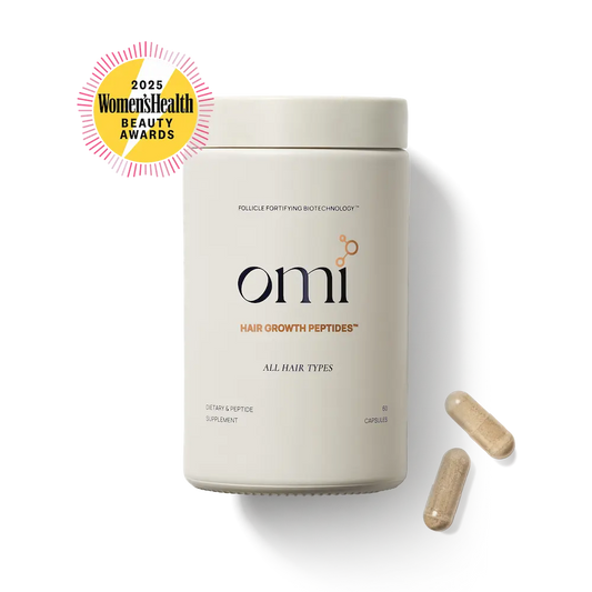 omi hair growth peptides supplement container with capsules on a white background