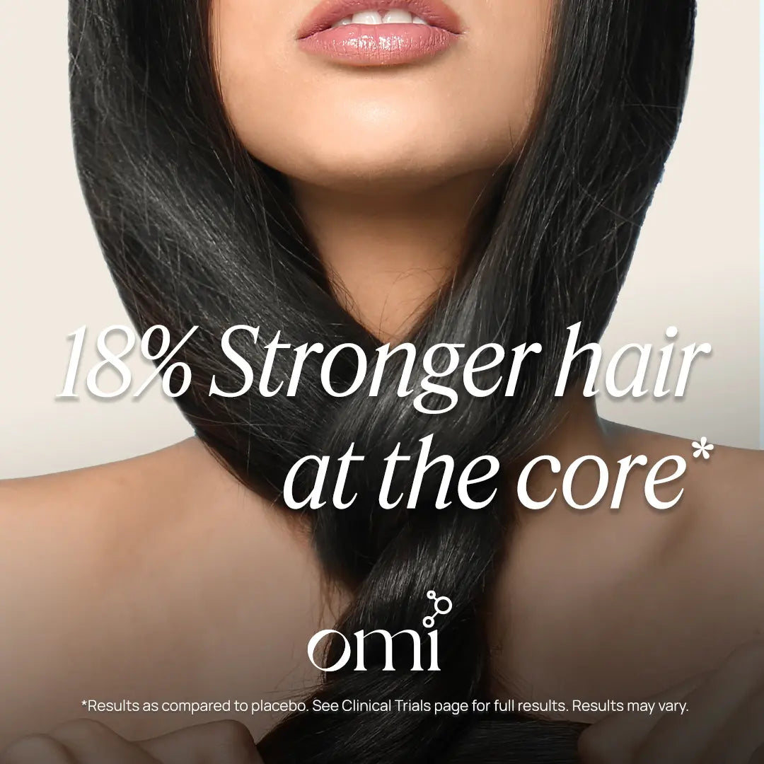 Advertisement for Omi hair product Capsules showing a close-up of hair with text highlighting strength improvement.