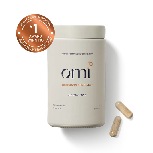 Omi hair growth peptides supplement container with capsules on a white background