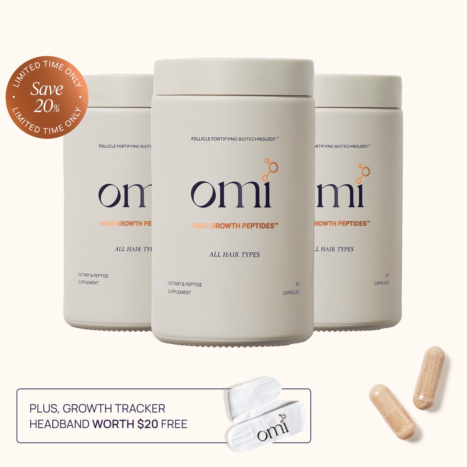 Three containers of omi hair growth peptides with additional items on a white background