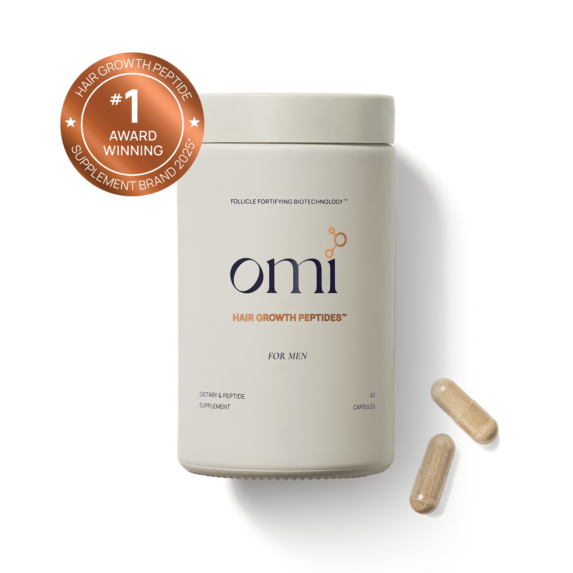omi hair growth peptides supplement container with capsules on a white background