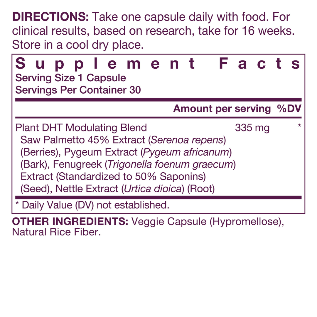 OMI DHT Defense supplement facts panel showing DHT-balancing botanical blend with serving size and daily values
