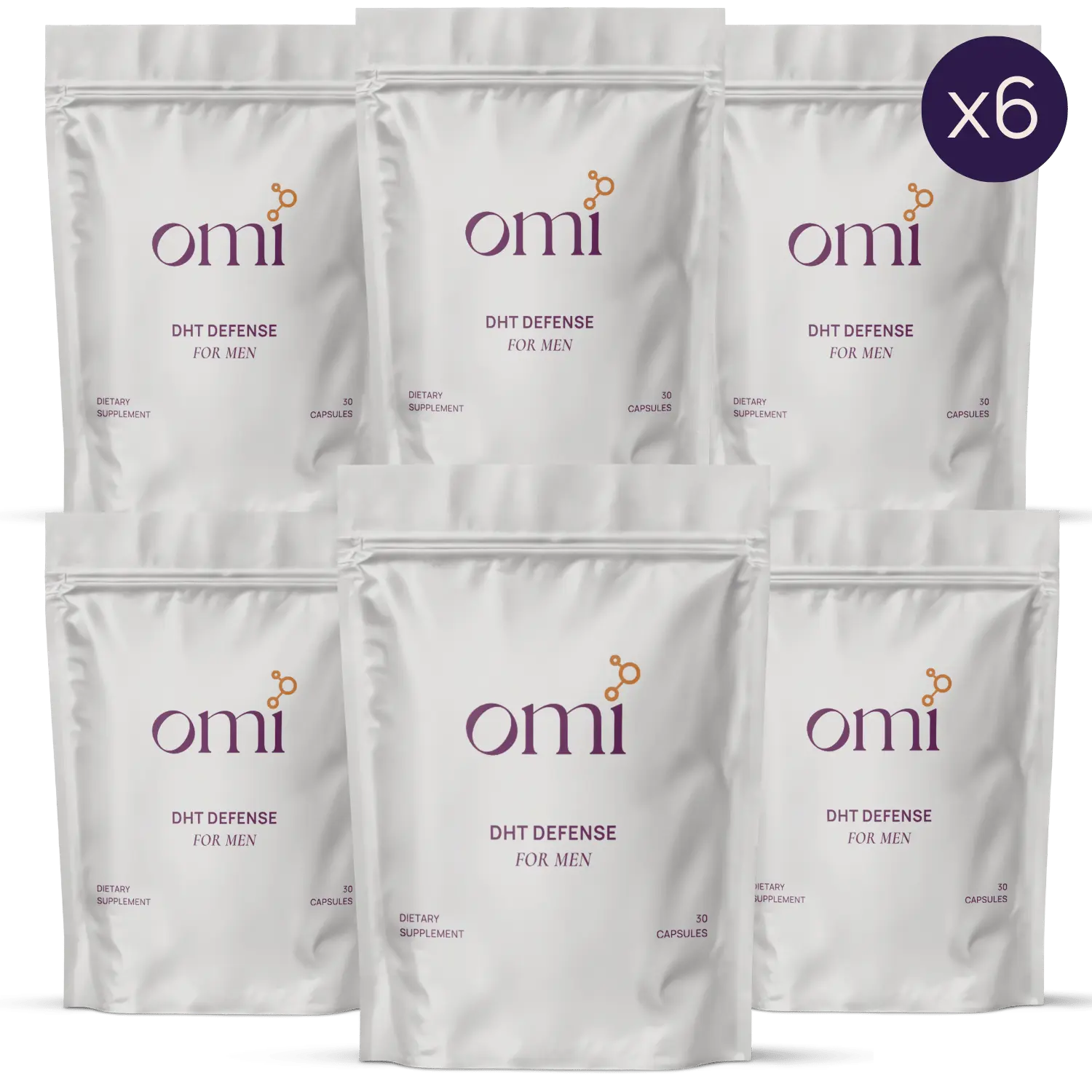 Six packages of Omi DHT Defense for Men on a white background