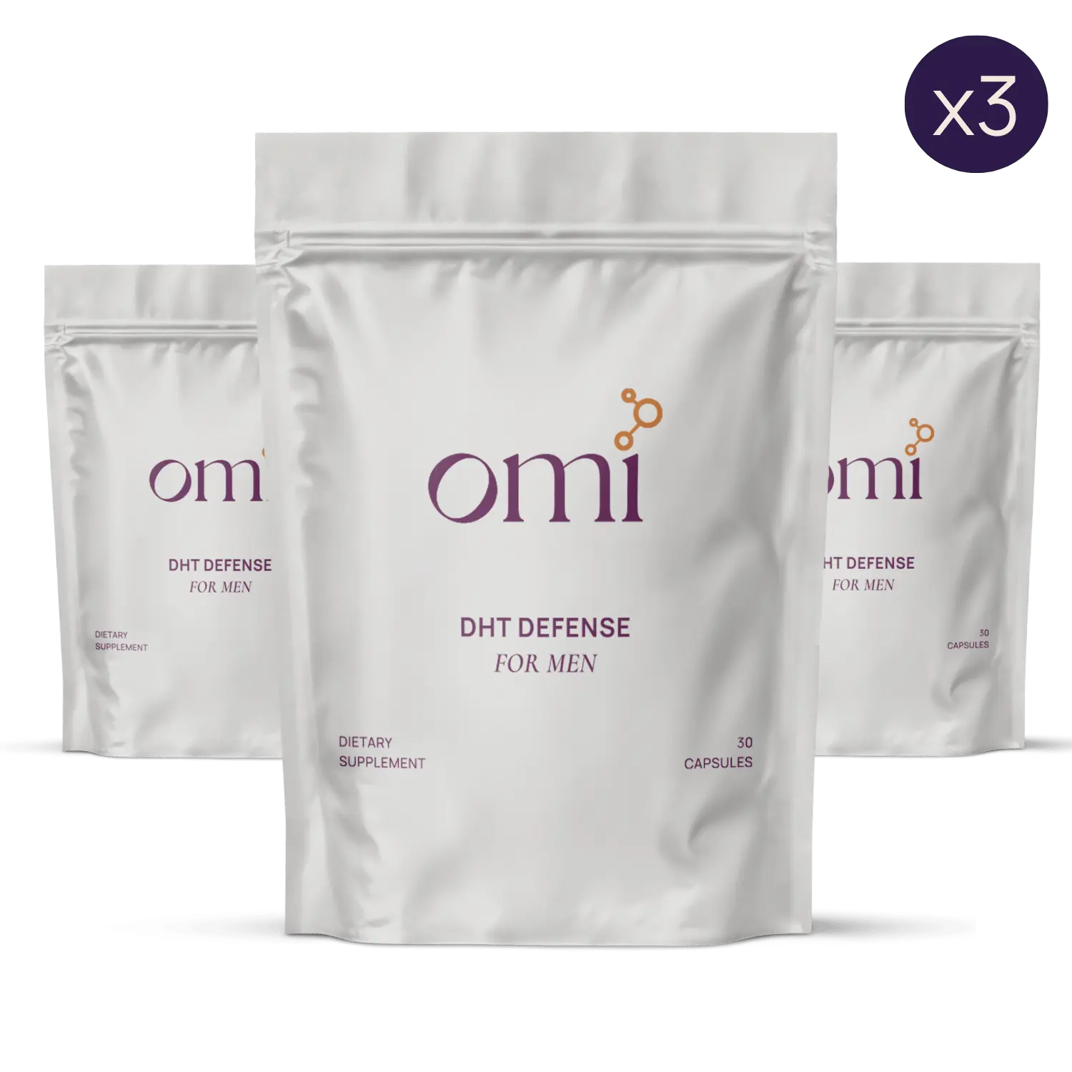 Three packages of Omi DHT Defense for Men dietary supplements on a white background