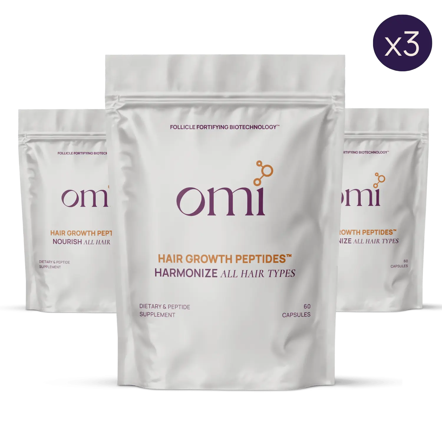 Three packages of Omi Hair Growth Peptides on a white background