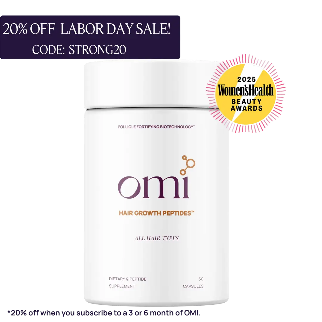 Omi hair growth peptides supplement with Labor Day sale text and Women's Health Beauty Award badge on a white background