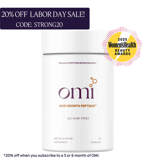 Omi hair growth peptides supplement with Labor Day sale text and Women's Health Beauty Award badge on a white background