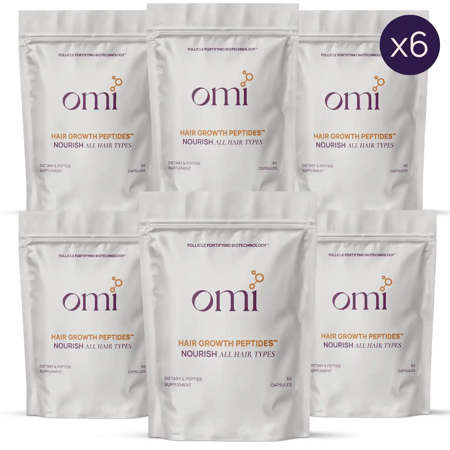 Six packages of Omi hair growth peptides on a white background