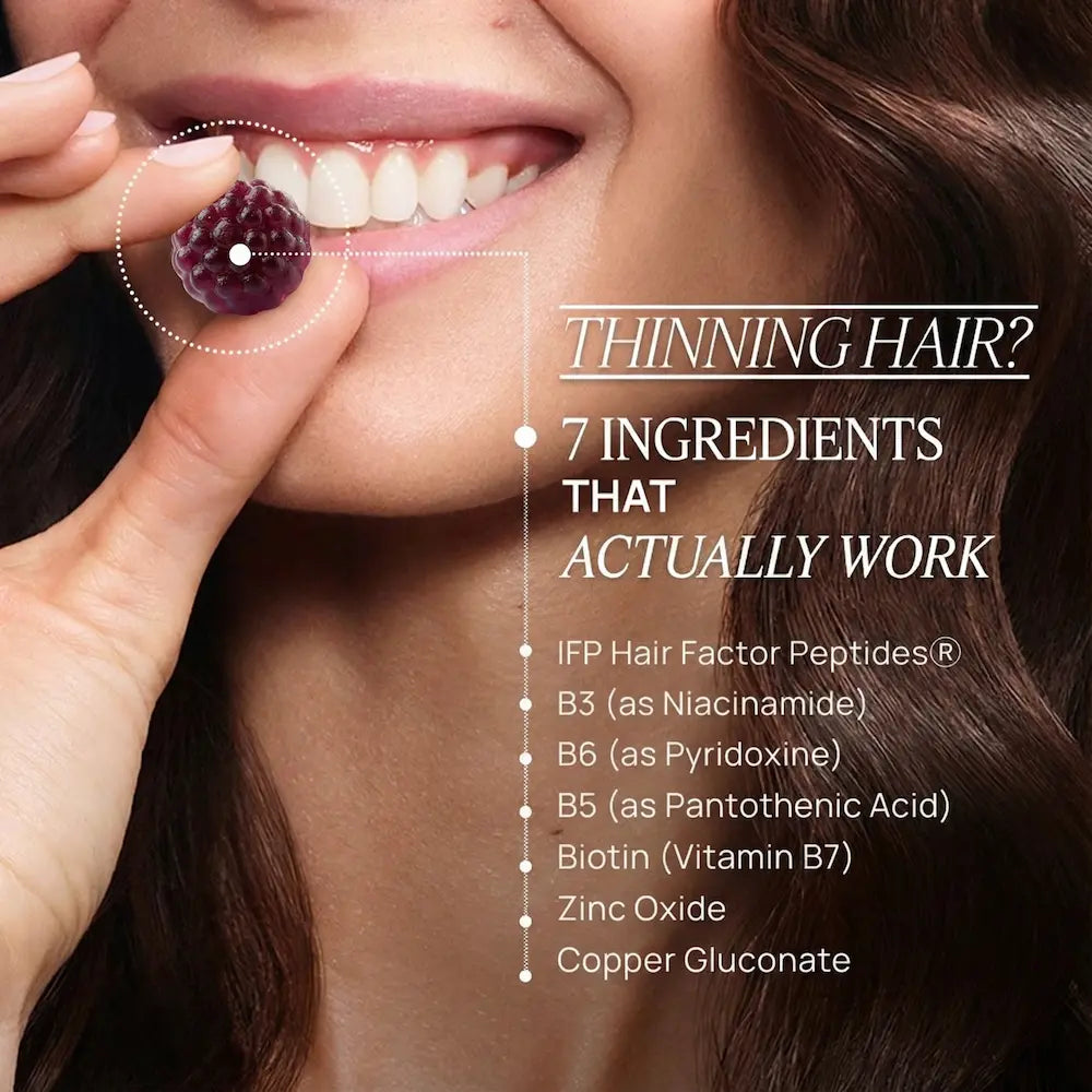 Woman holding a hair strand with text about hair care ingredients.