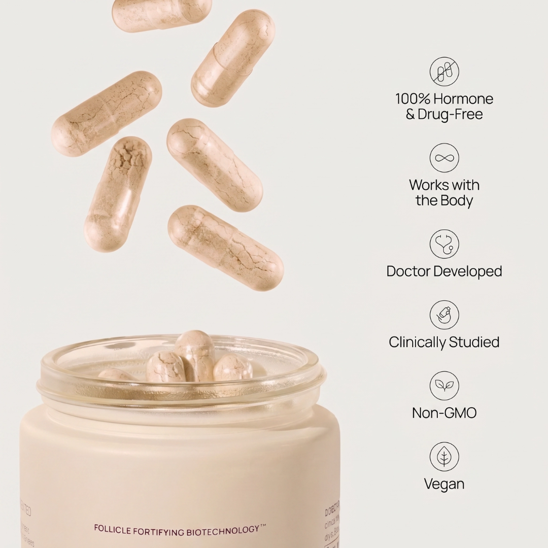 Jar of pills with floating capsules and health benefits text on a light background