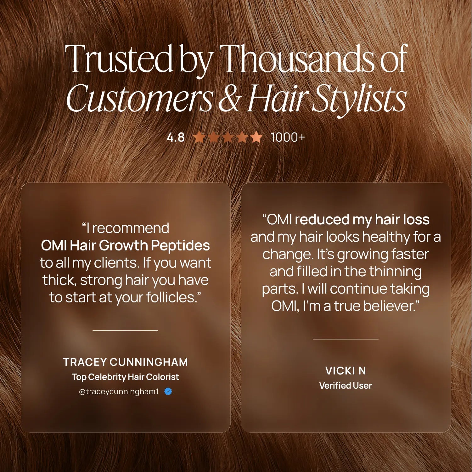 Promotional image for OMI Hair Growth Peptides with customer testimonials and hair texture background.