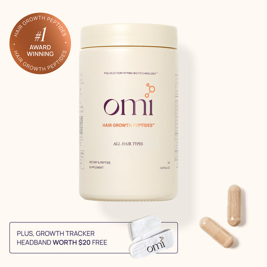 omi hair growth peptides supplement container with capsules on a white background