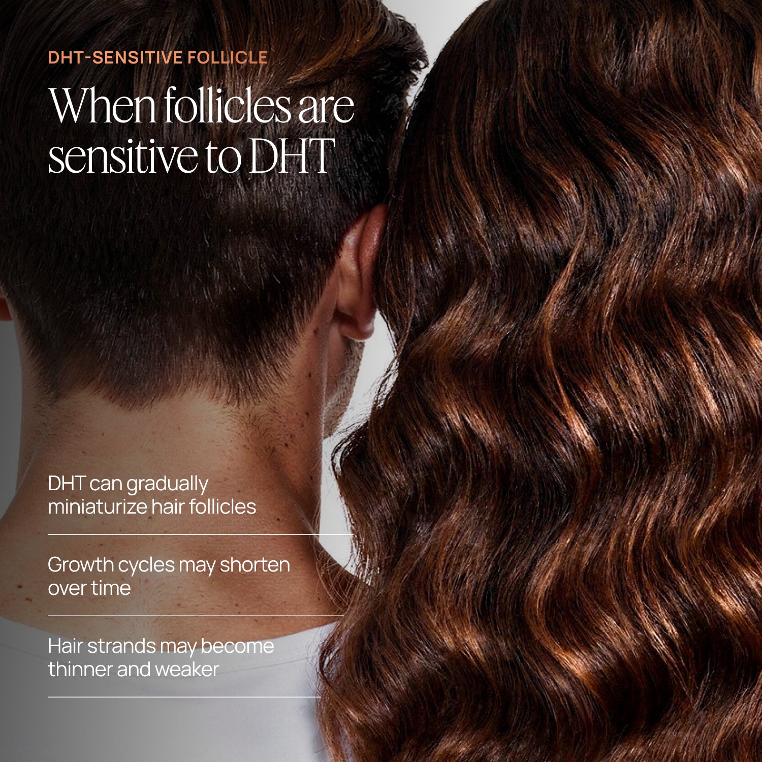 Person with hair loss on one side and healthy hair on the other, with text about DHT-sensitive follicles.