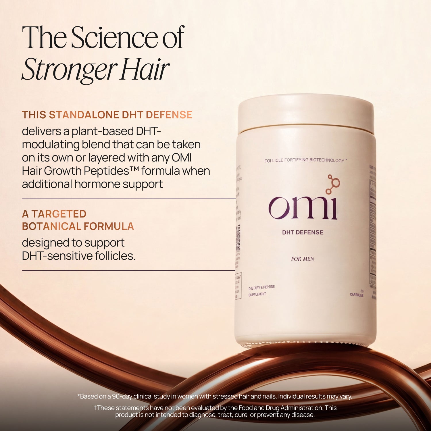 Omi DHT Defense supplement container with text about hair growth science on a beige background