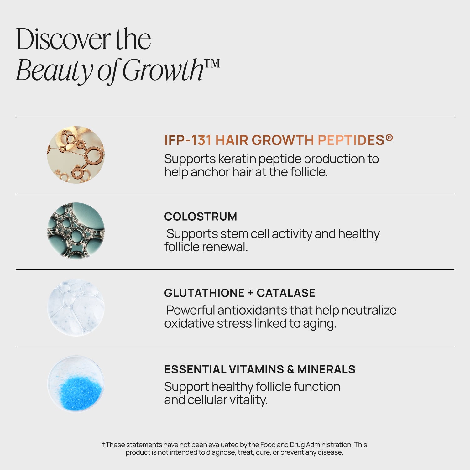 Product description card with hair growth peptides and colostrum on a white background