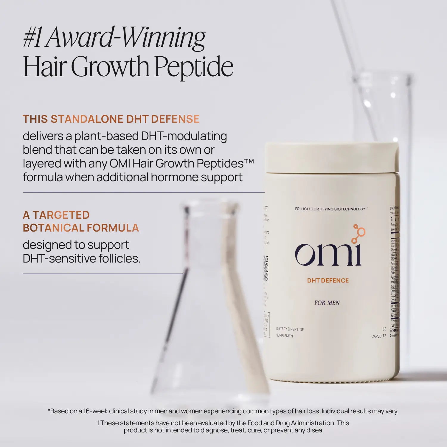 Omni DHT Defence supplement container with text about hair growth peptide on a light background
