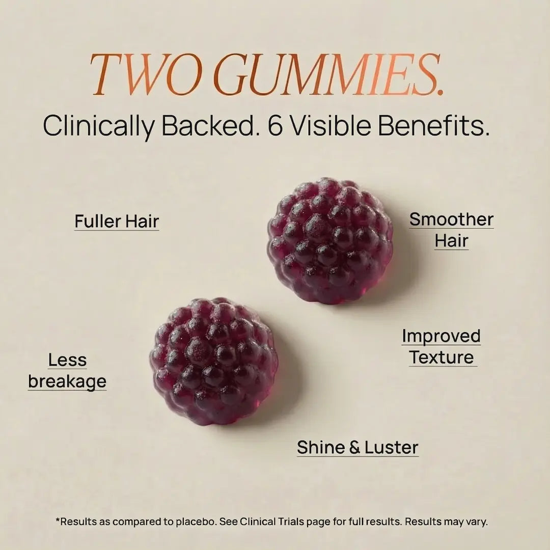 Two gummies with text highlighting their benefits on a beige background