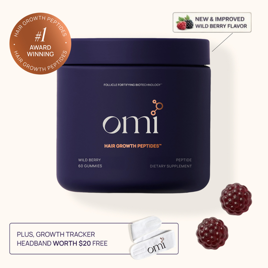 omi hair growth peptides packaging with wild berries on a white background
