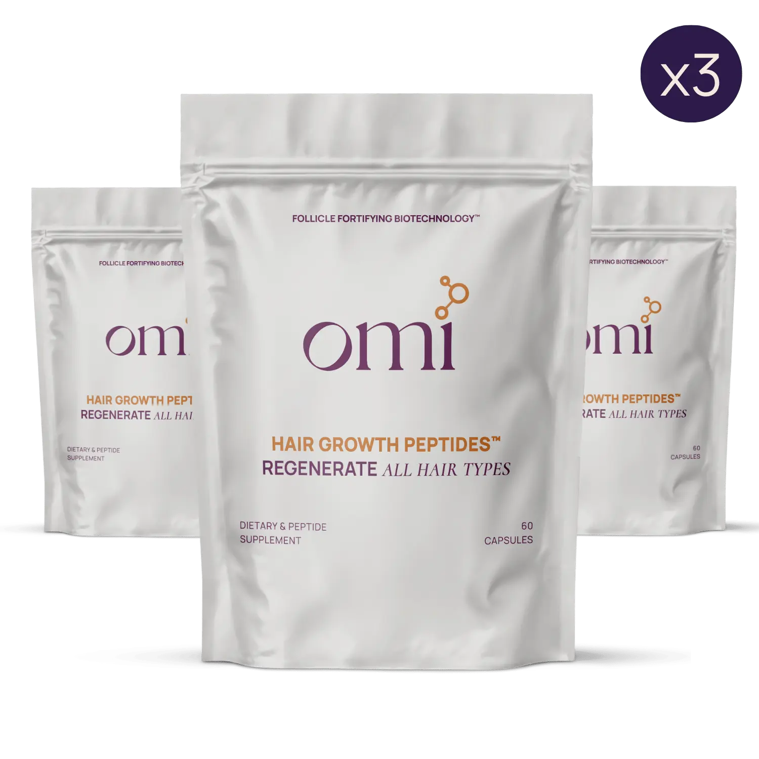 Three packages of Omi Hair Growth Peptides on a white background