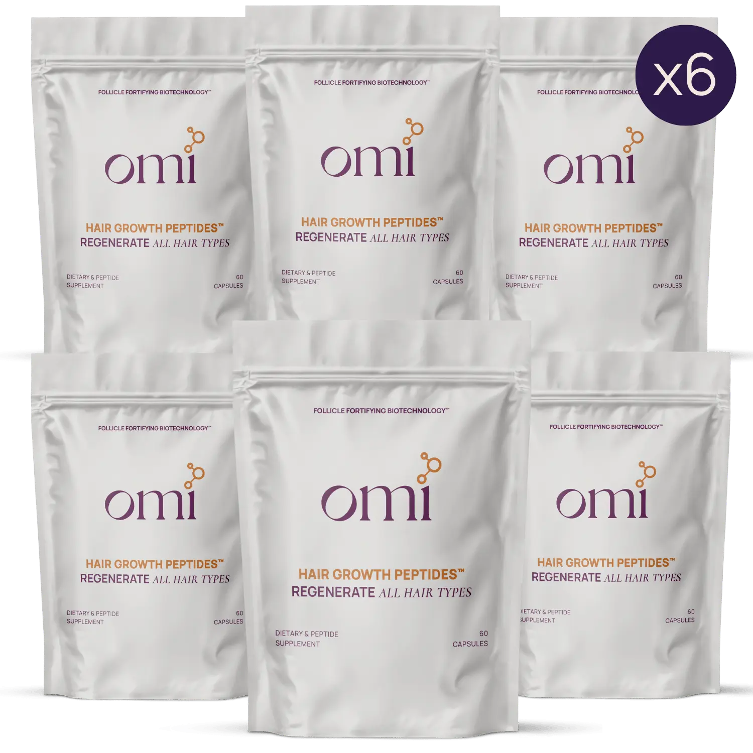 Six packages of Omi hair growth peptides on a white background