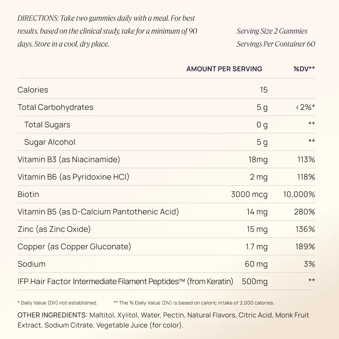 Nutritional label for a supplement with serving size, calories, and vitamin content.